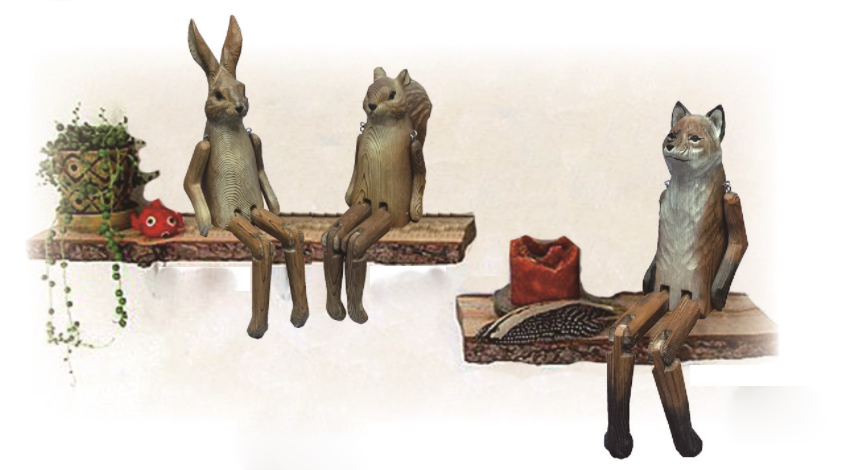 Rustic hand-carved wooden fox sculpture styled on a shelf in a farmhouse-inspired interior