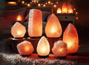Various authentic Himalayan salt lamps displaying natural pink hues and crystalline structure