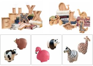Assorted wooden piggy banks showcasing various designs and finishes