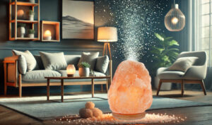 Cool salt lamp demonstrating air purification and ambient lighting effects in a modern setting