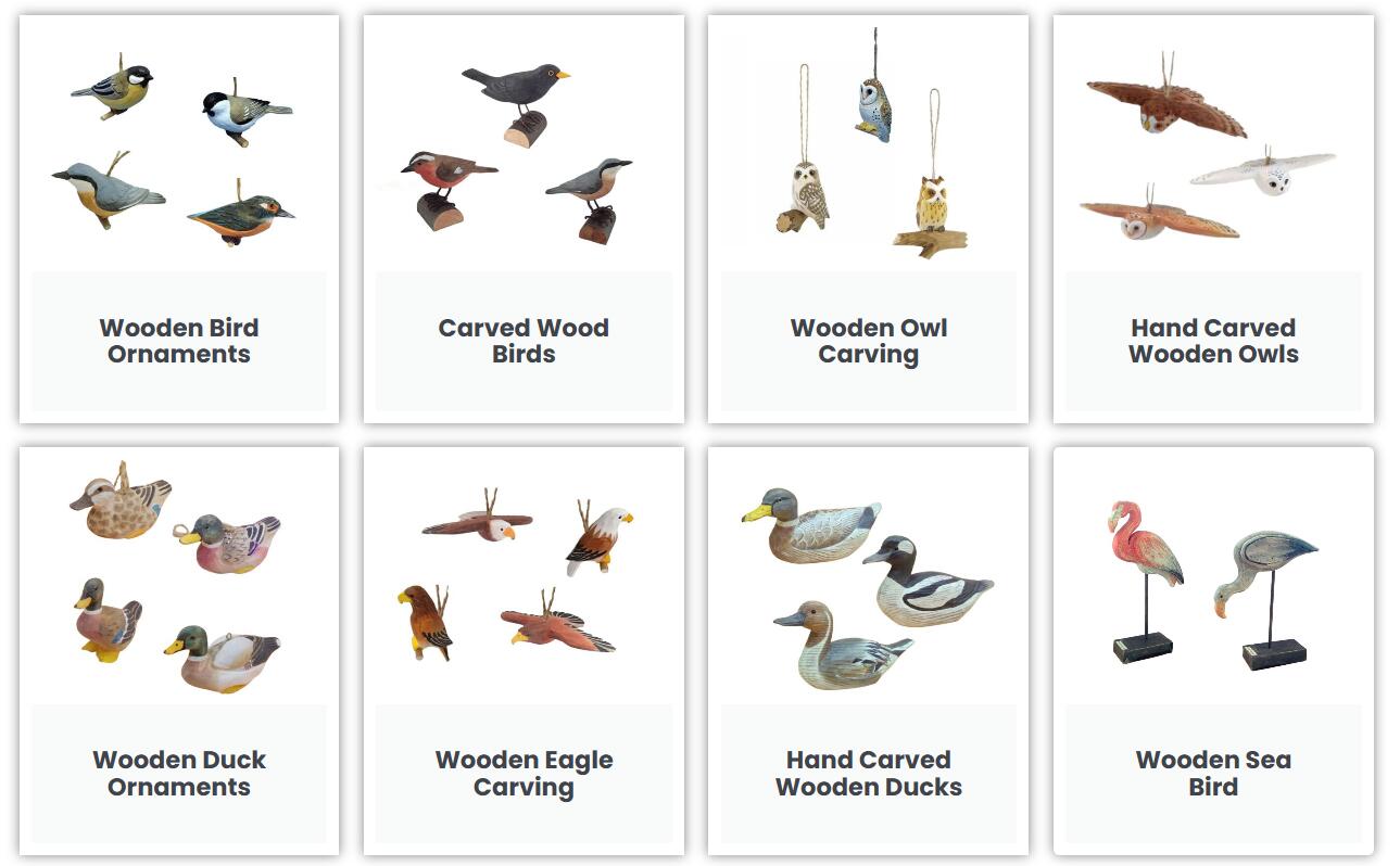 Various customized wooden birds showcasing different designs and finishes from a professional wood bird factory