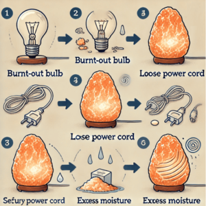 Step-by-step troubleshooting diagram for common salt lamp accessory problems and solutions