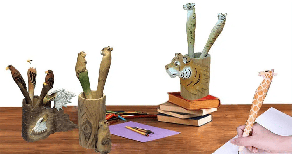 Handcrafted wooden pen with intricate carvings