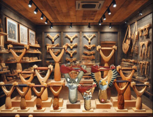 wooen slingshots displayed in showroom