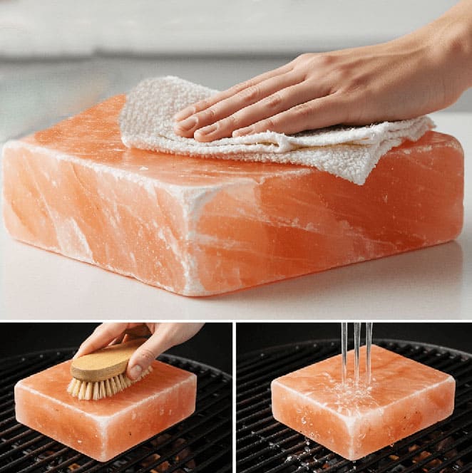 Cleaning and maintaining pink Himalayan salt blocks on kitchen counter