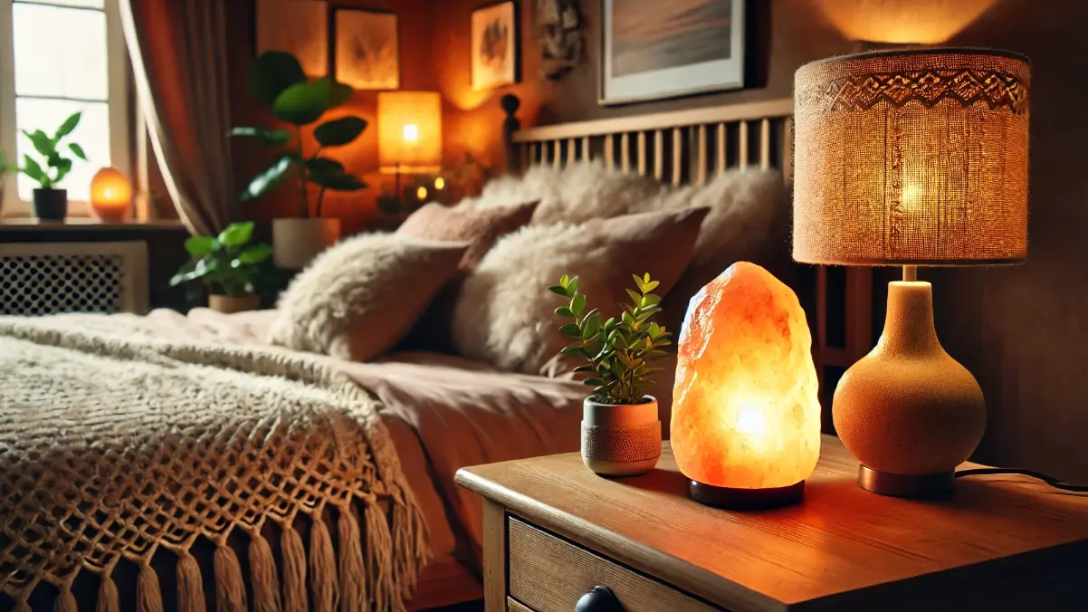 A cozy corner of a waiting area, featuring a small, elegant Himalayan salt night