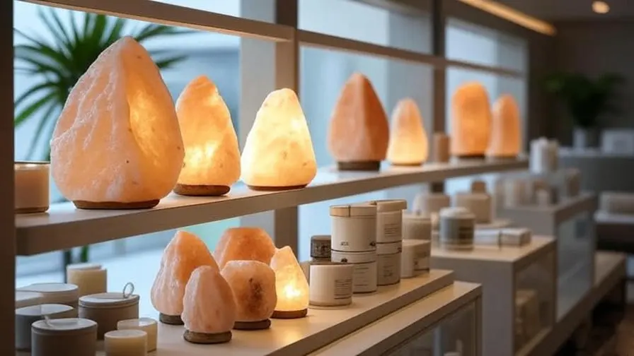 A stylish and clean retail display shelf in a spa lobby, showcasing different types