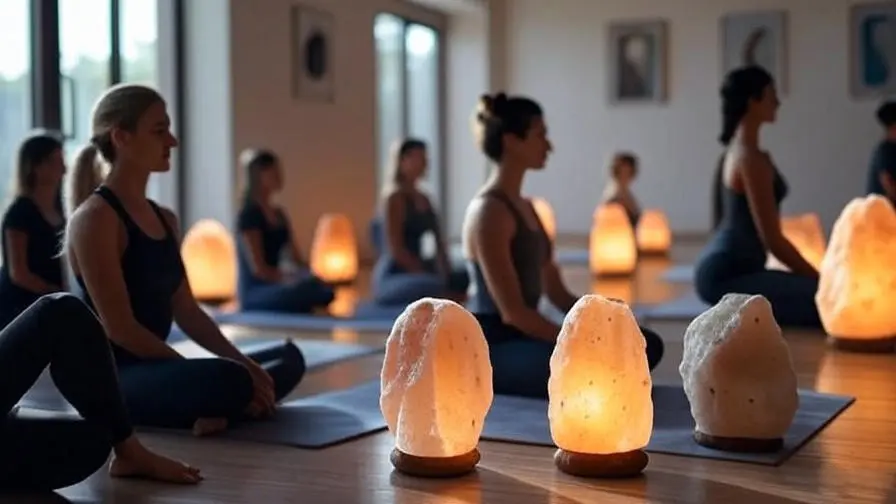 A tranquil yoga studio with several natural-shaped Himalayan salt lamps placed