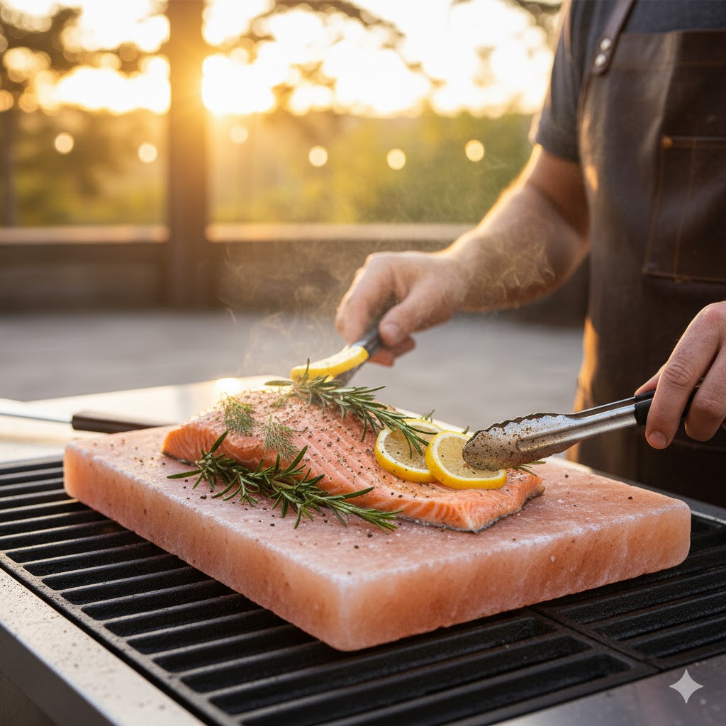 Pink Himalayan Salt Block used for cooking fish on a grill