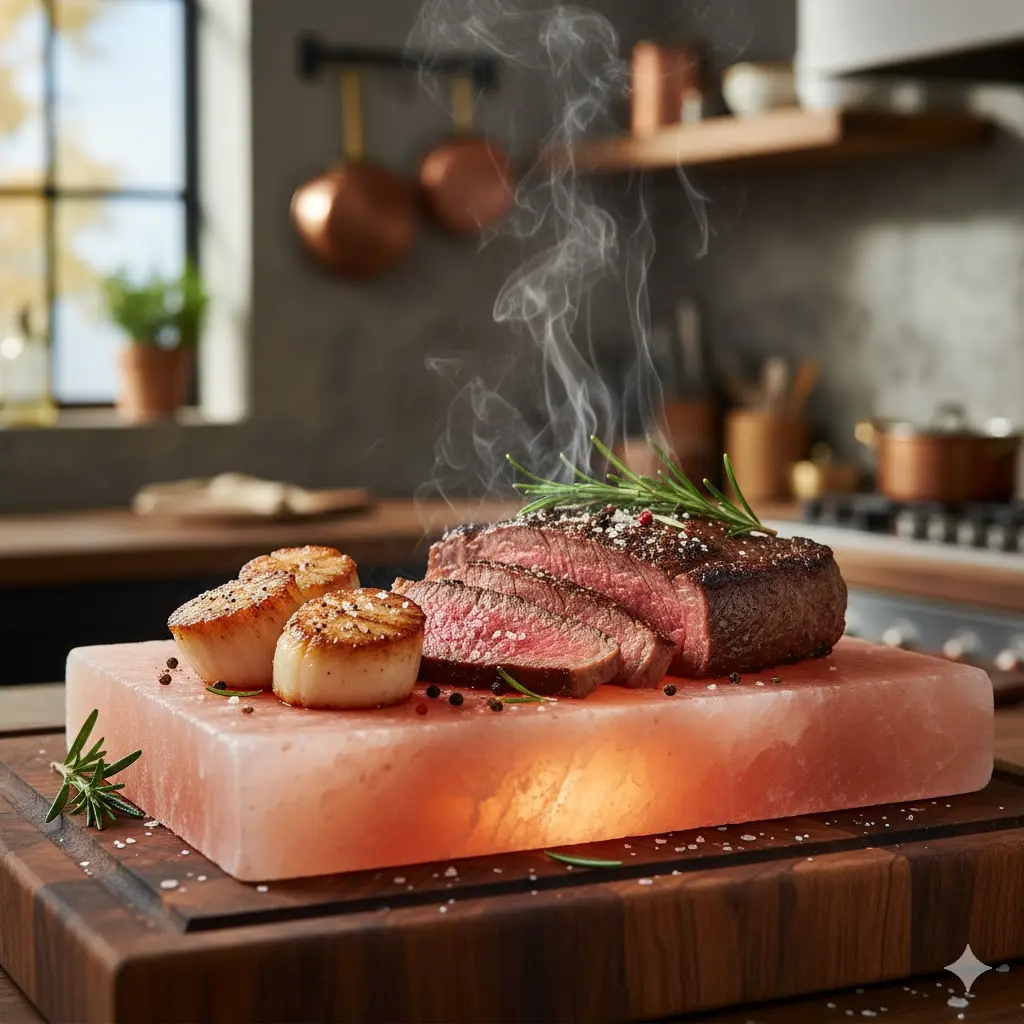 Perfectly Seared Steak and Scallops on a Glowing Himalayan Salt Block