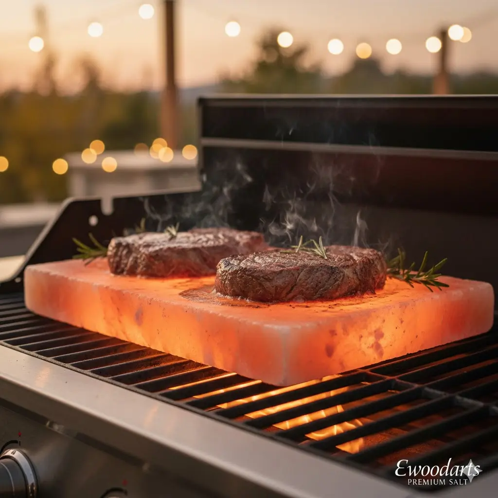 A thick ribeye steak searing on a pink Himalayan salt block over a gas grill flame.