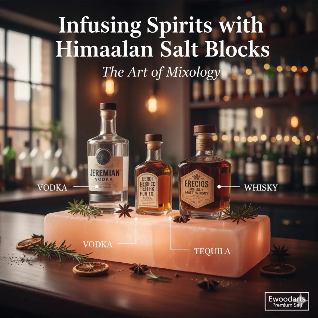 Premium Himalayan salt block used for infusing vodka, whiskey, and tequila, displayed on a wooden bar counter with botanical garnishes like rosemary and dried citrus.