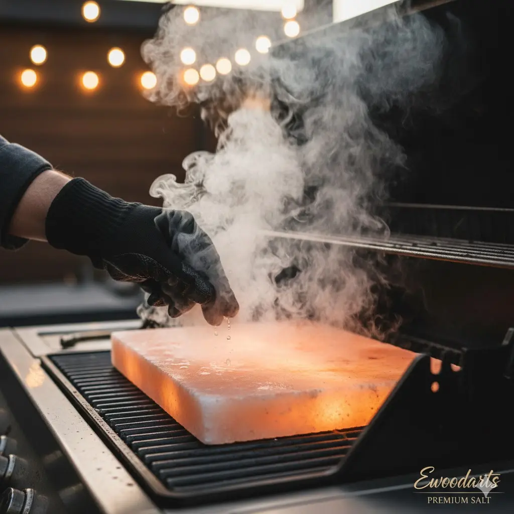 Checking the temperature of a salt block using the water drop sizzle test.