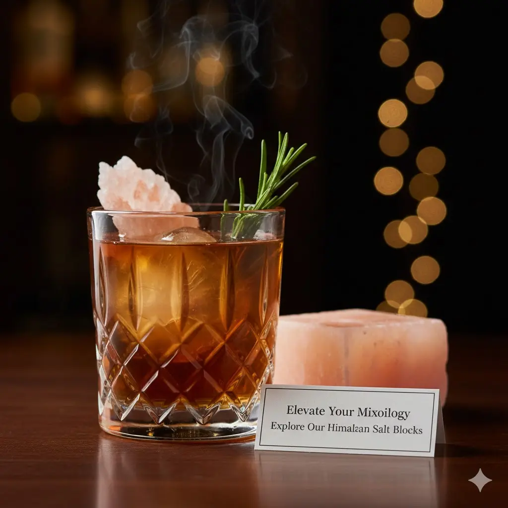 A sophisticated old-fashioned cocktail made with Himalayan salt-infused whiskey, garnished with a pink salt crystal and fresh rosemary, set against a dark bar background.