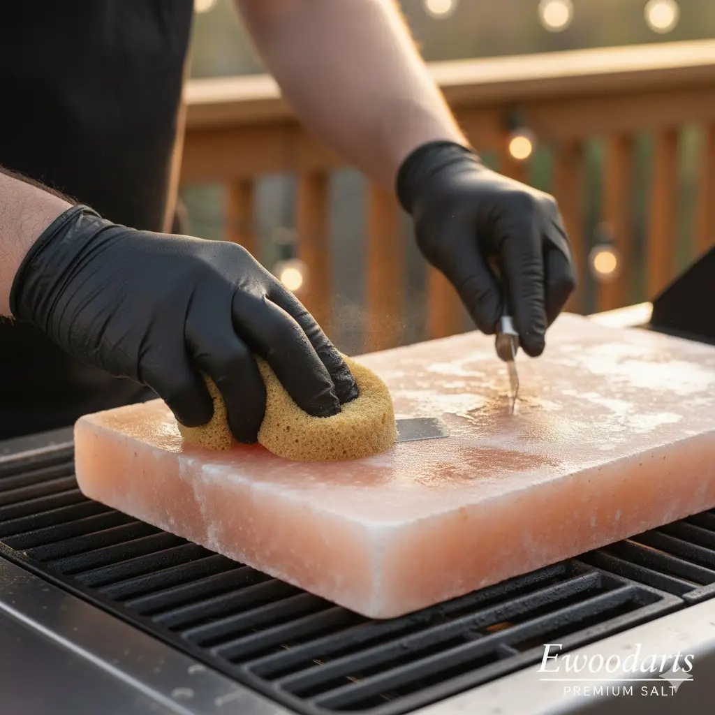 Cleaning a used Himalayan salt block with a damp sponge and scraper without soap