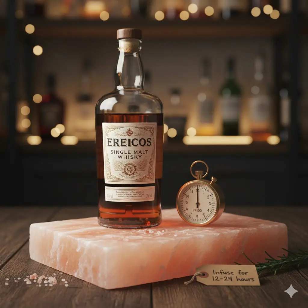 A step-by-step guide showing a bottle of single malt whisky resting on a pink Himalayan salt block with a vintage timer and a label saying 'Infuse for 12-24 hours'.
