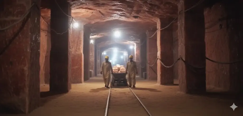 Skilled miners using pickaxes for traditional hand-mining of Himalayan pink salt blocks inside a deep mine with large supportive salt pillars.