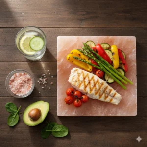 Healthy grilled fish and vegetables on a Himalayan salt block