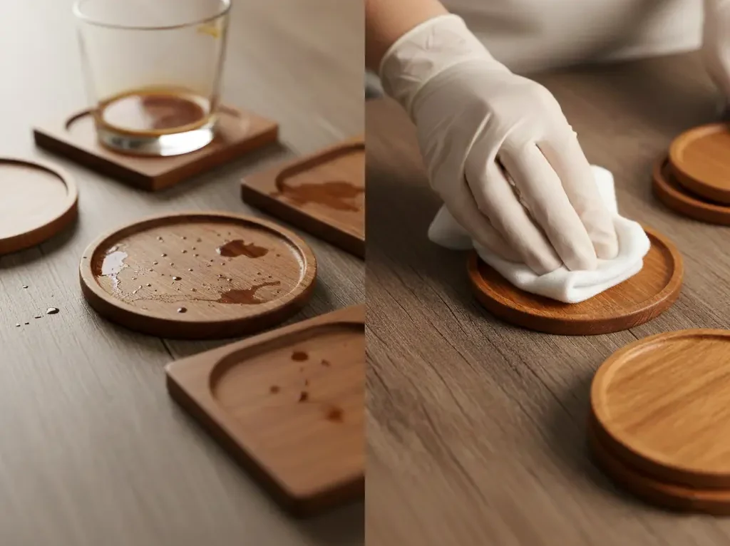 Sealed solid wood coaster showing water beading on the finish rather than absorbing, alongside easy wiping for hospitality service