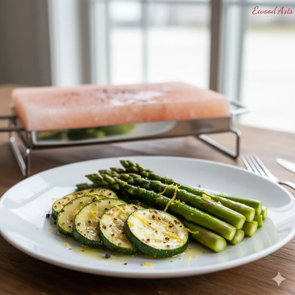 Searing asparagus and zucchini slices on a heated Himalayan salt block to enhance flavor and texture