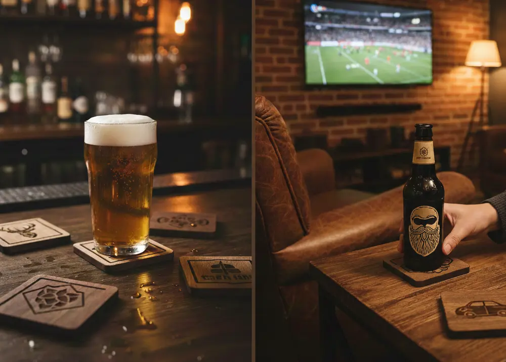 Wooden beer coasters in use on a home bar top