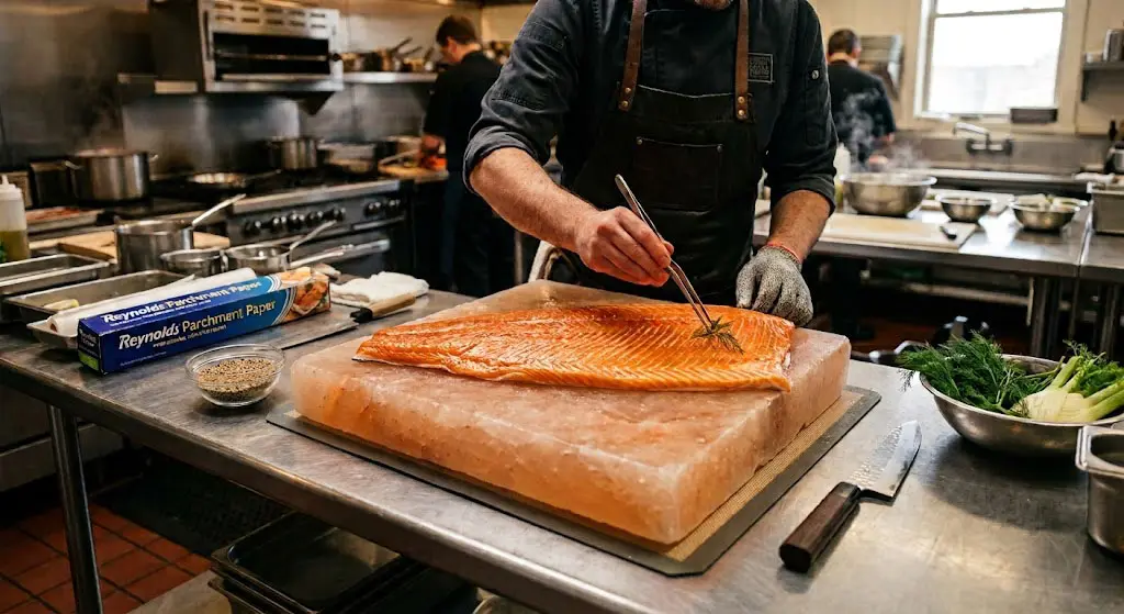 Commercial large Himalayan salt block for salmon curing in restaurant kitchen