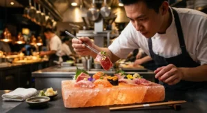A professional chef meticulously plating premium sushi and raw wagyu beef on a large, glowing pink Himalayan salt block in a high-end commercial restaurant kitchen.