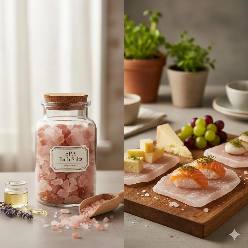 Creative ways to reuse cracked Himalayan salt blocks, featuring a glass jar of pink bath salts and a wooden platter with salmon sushi and cheese served on salt fragments.