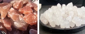A split-screen comparison showing a raw Himalayan pink salt rock in an ancient, earthy mine setting on the left, and a pile of white sea salt crystals on driftwood with an ocean background on the right.