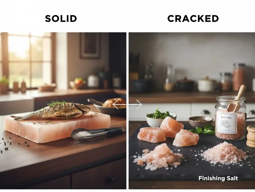 A side-by-side comparison of a solid pink Himalayan salt block used for grilling fish and cracked salt fragments repurposed as finishing salt and bath salts on a kitchen counter.