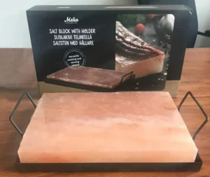Wholesale Himalayan salt block with custom stainless steel serving holder and OEM retail packaging box