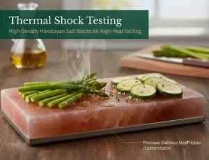 Thermal shock testing of high-density wholesale Himalayan salt block with premium stainless steel holder for high-heat grilling