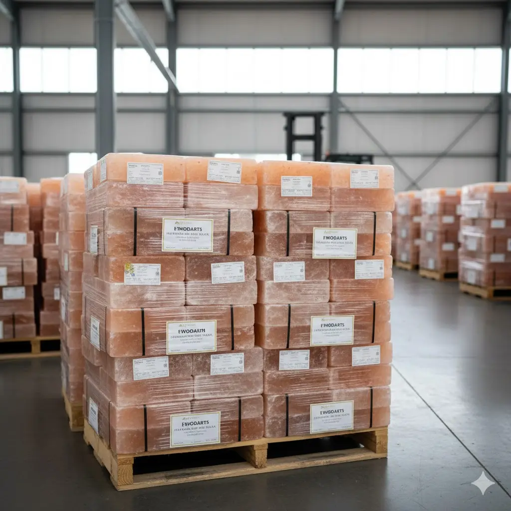 Bulk pallets of premium Himalayan salt blocks stacked in a clean, professional warehouse, ready for international export and wholesale distribution.