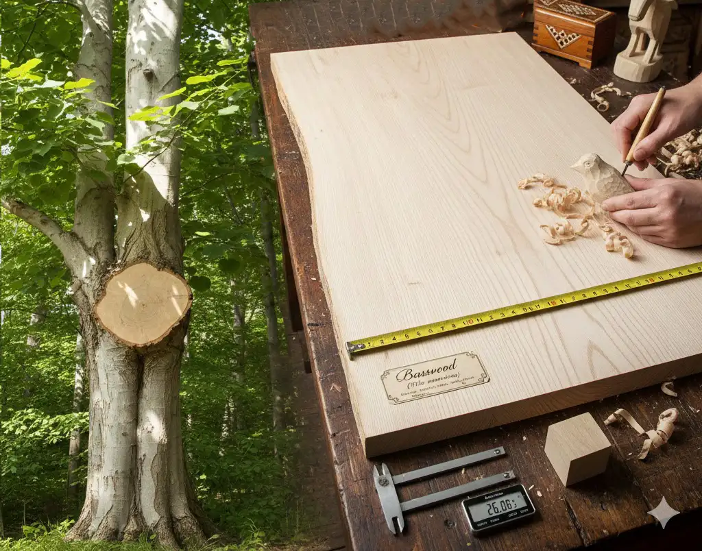 Visual overview of Basswood (Tilia) growth, grain, and carving.