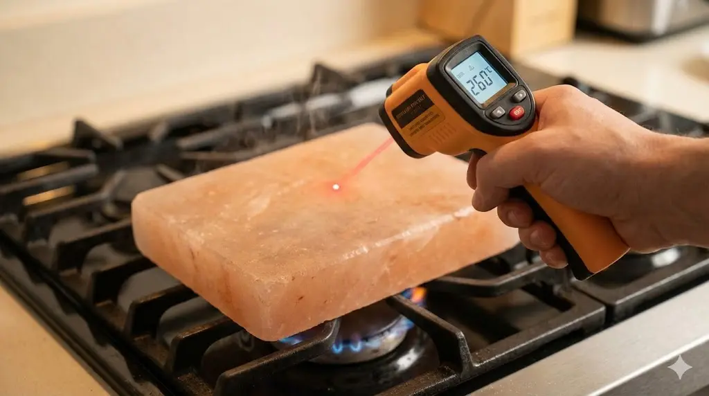 Checking temperature of a Himalayan salt block with an infrared thermometer for cooking safety