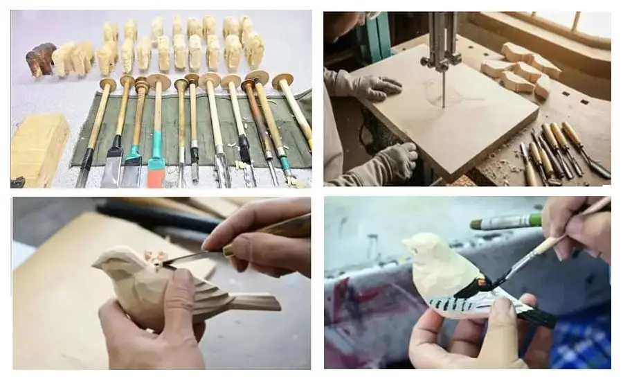 Artisan hand-carving custom wooden crafts prototype in factory workshop