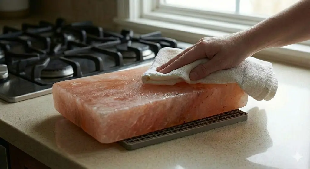 Drying Himalayan salt block with a clean towel to prevent moisture damage