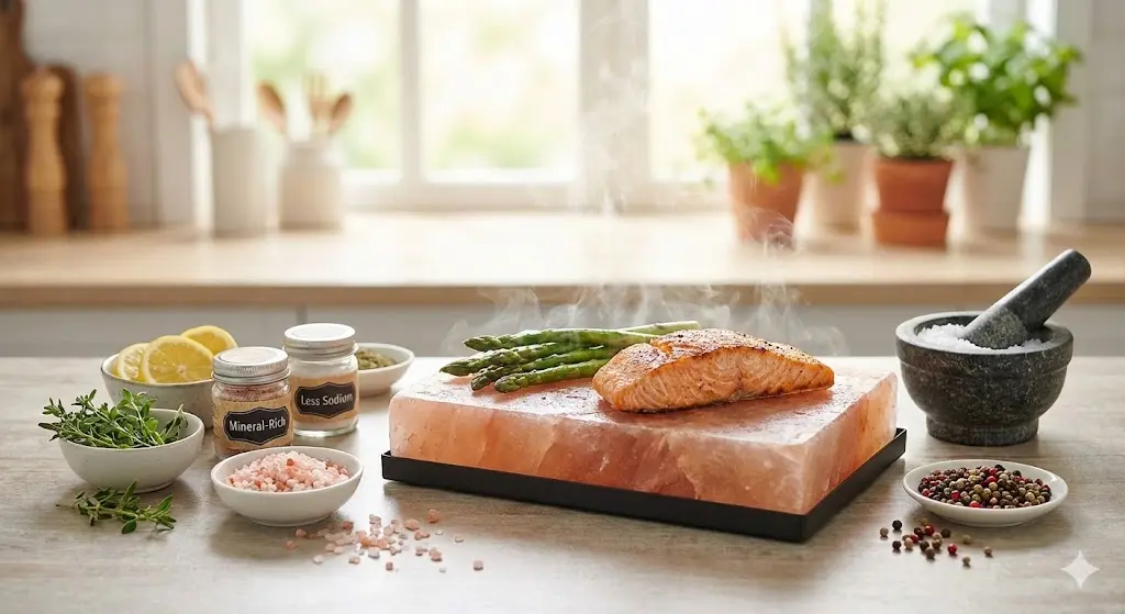 Fresh ingredients cooking on a Himalayan salt block for natural mineral infusion and health benefits