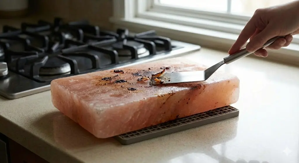 Scraping burnt food residue off Himalayan salt block using a flat metal spatula