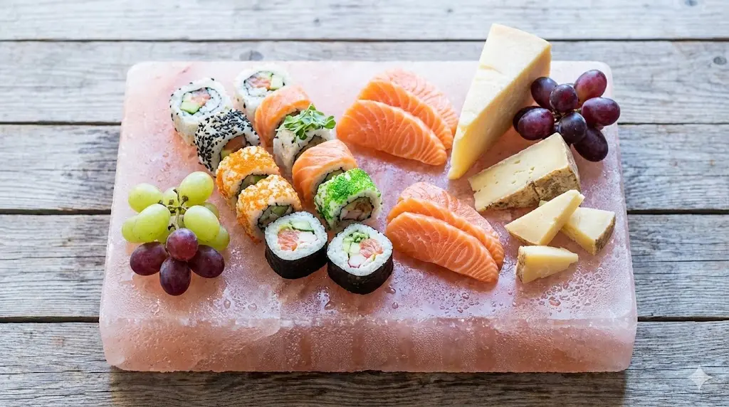 Searing thick-cut steak and shrimp on a hot Himalayan salt block with metal tongs