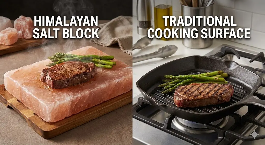 Side-by-side comparison of cooking on a Himalayan salt block versus a traditional cast iron skillet