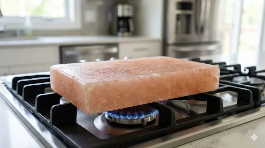 Tempering a new Himalayan salt block on a gas stove over low heat to prevent cracking