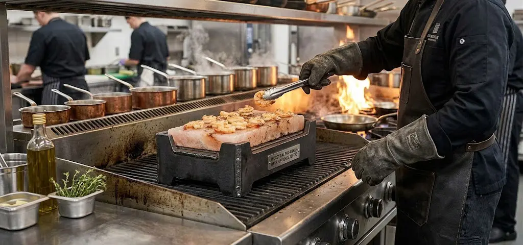 Robust, industrial-grade cast iron holder for a Himalayan salt block, positioned on a professional commercial grill with a chef grilling shrimp.