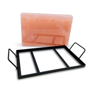 Premium 2-inch thick Himalayan salt block paired with a heat-resistant metal carrier tray for high-heat gas grills, designed for B2B wholesale and OEM kitting to reduce RMAs