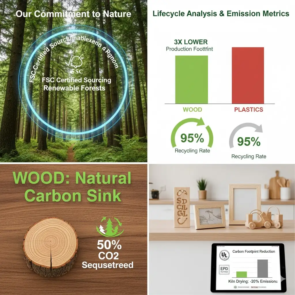 Infographic showing the environmental benefits of wood, including 50% carbon sequestration and a 3x lower production footprint than plastic.