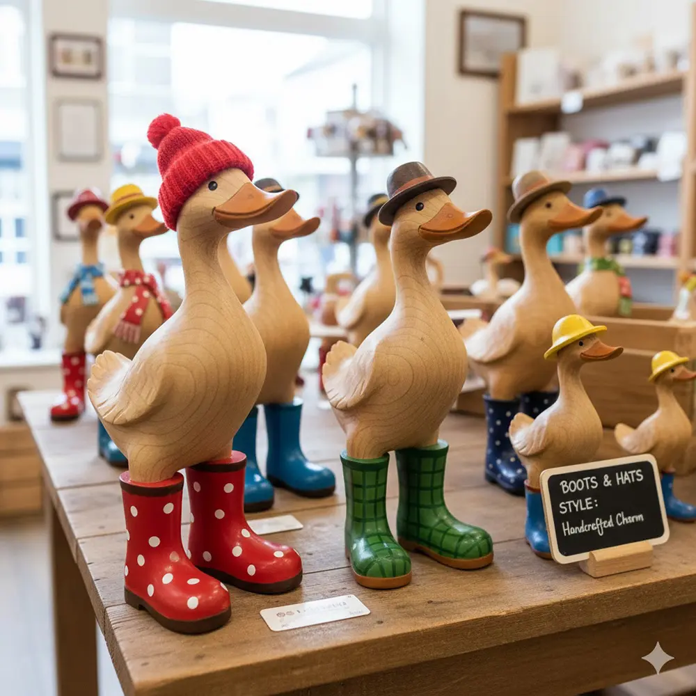 The 'Boots & Hats' style features hand-carved wooden ducks