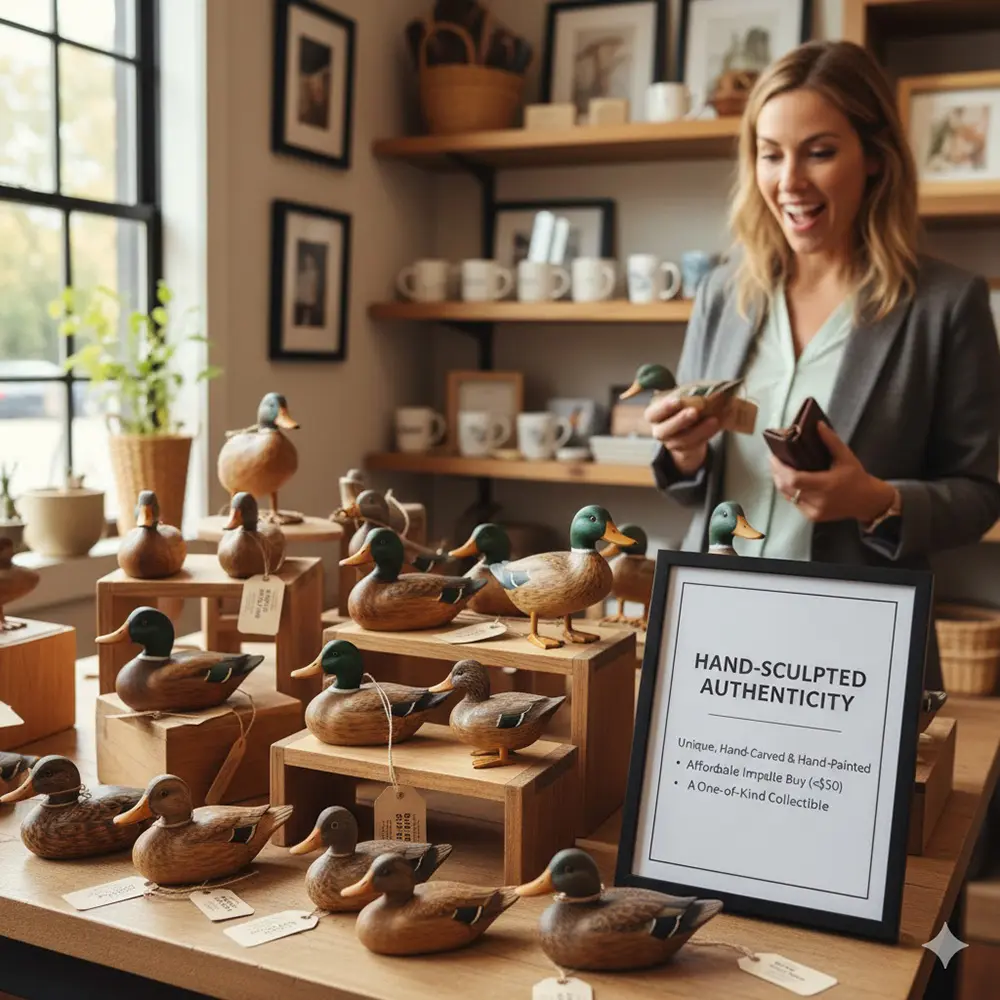 Impulse Buys in Gift Shops of decorative wooden ducks