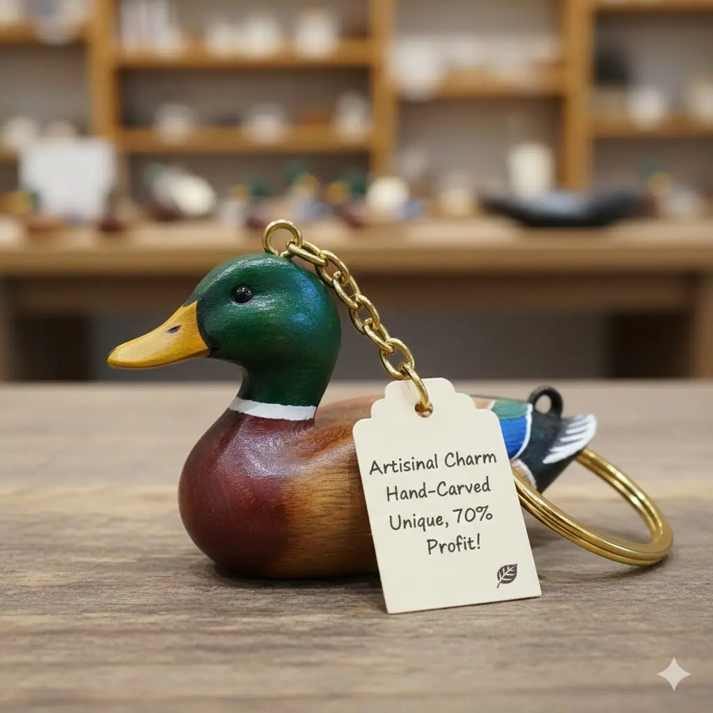 Label for wooden duck keychain