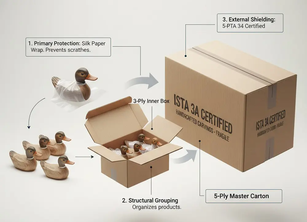 Packaging of wooden ducks