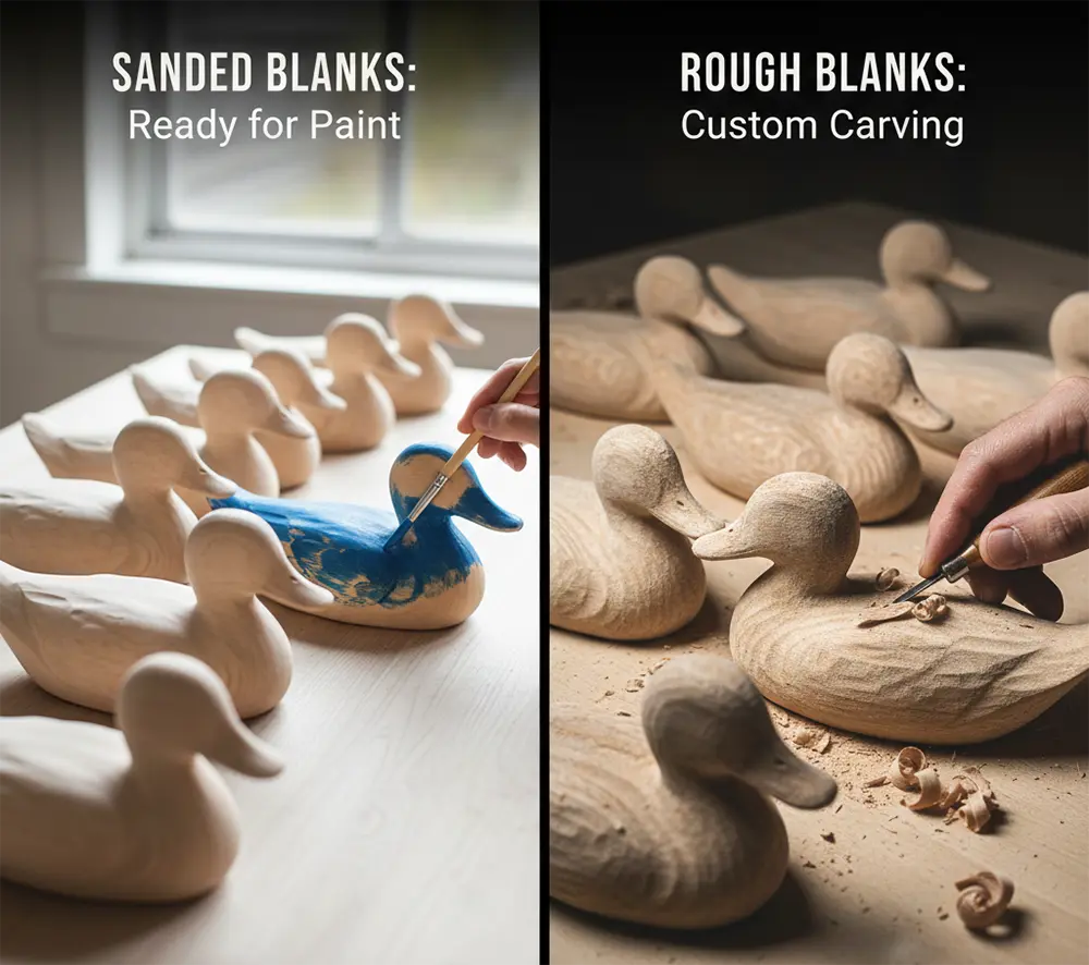 Specs Sanded vs. Rough of wooden ducks